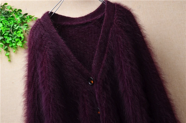 

New women female v-neck long sleeve cardigan mink cashmere coat angora rabbit fur knitted winter jackets jumper thick fuzzy hair