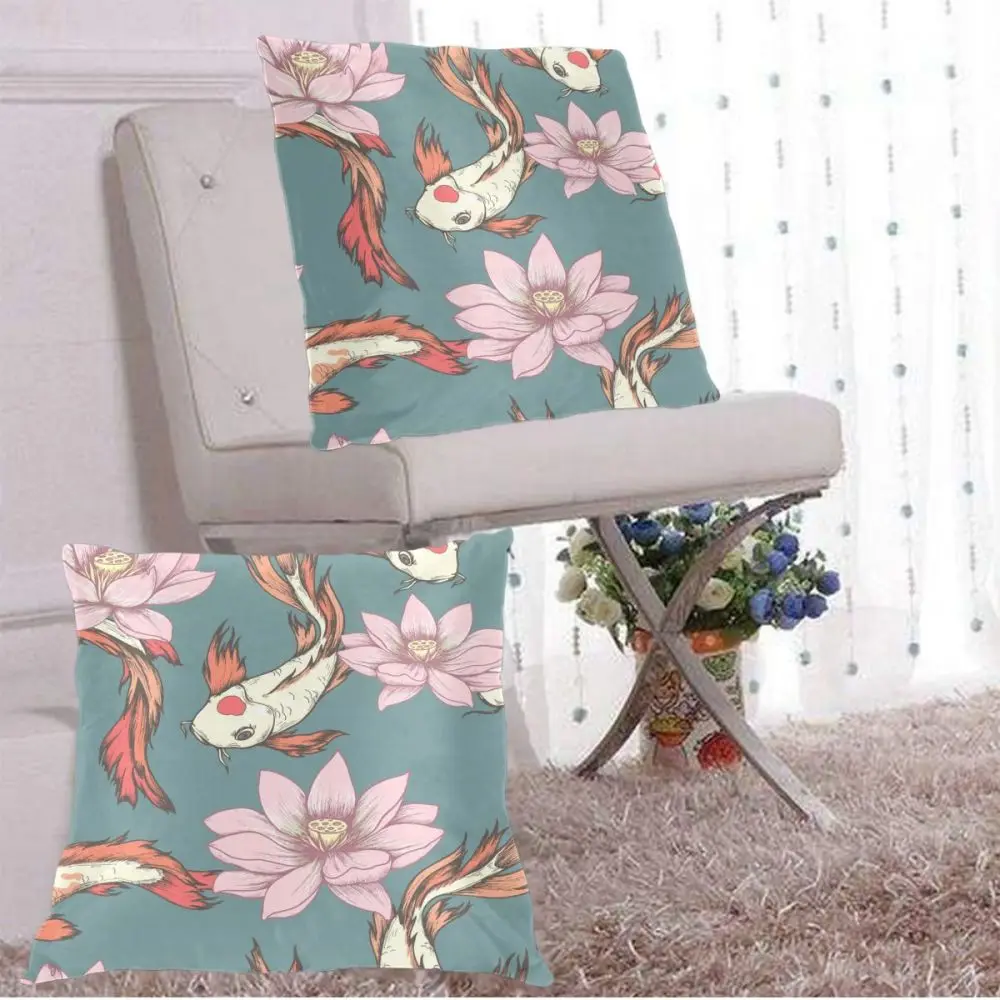 

Decorative Pillowcase Koi Carps And Lotuses Throw Pillow Case Square Polyester Pillow Cover for Home Office