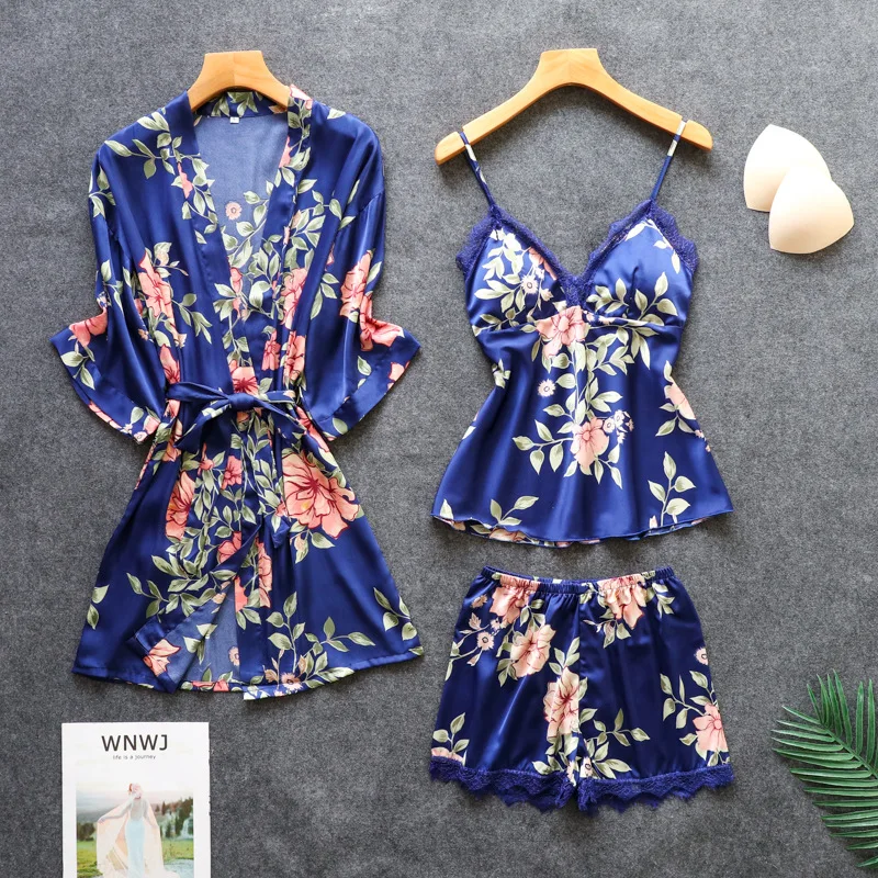 navy blue C Осенние женские пижамные комплекты, удобные атласные пижамы для сна, кружевная Шелковая пижама, 5 шт., камзол+ халат+ штаны, Пижама для женщин, домашний костюм - Цвет: navy blue C