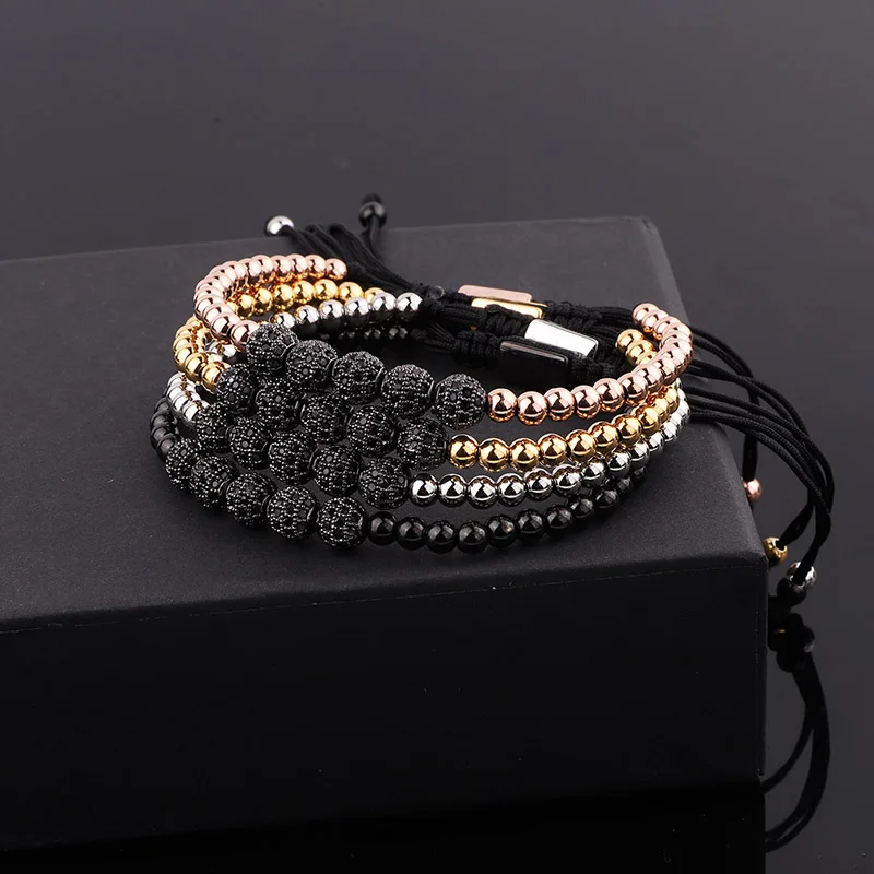

Men Jewelry Bracelet Stainless Steel Beaded Five 6mm CZ Pave Ball Charm Macrame Adjustable Bracelet Women