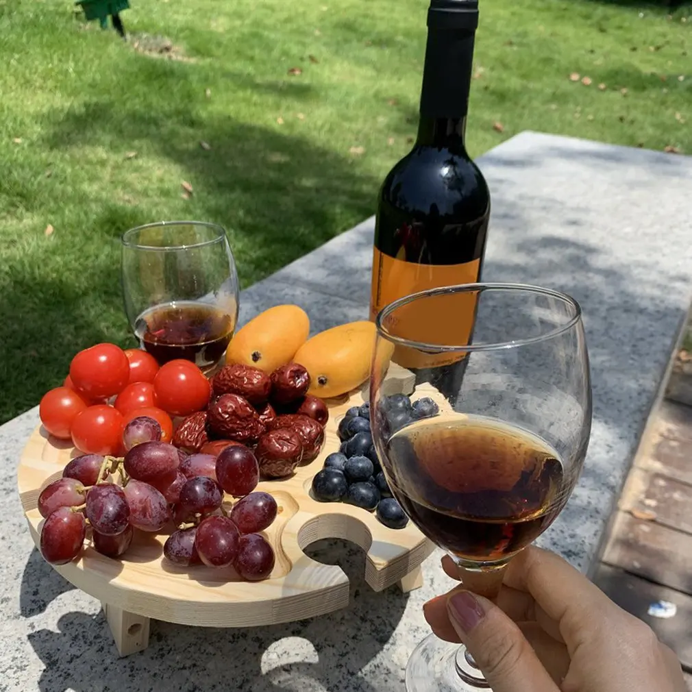 

Wooden Outdoor Folding Picnic Table for Fruit Red Wine Bottle Holder Creative Collapsible Travel Garden Beach Camping Wine Table