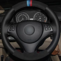 car steering wheel cover hand stitched soft black genuine leather black suede for bmw e90 320i 325i 330i 335i e87 120i 130i 120d