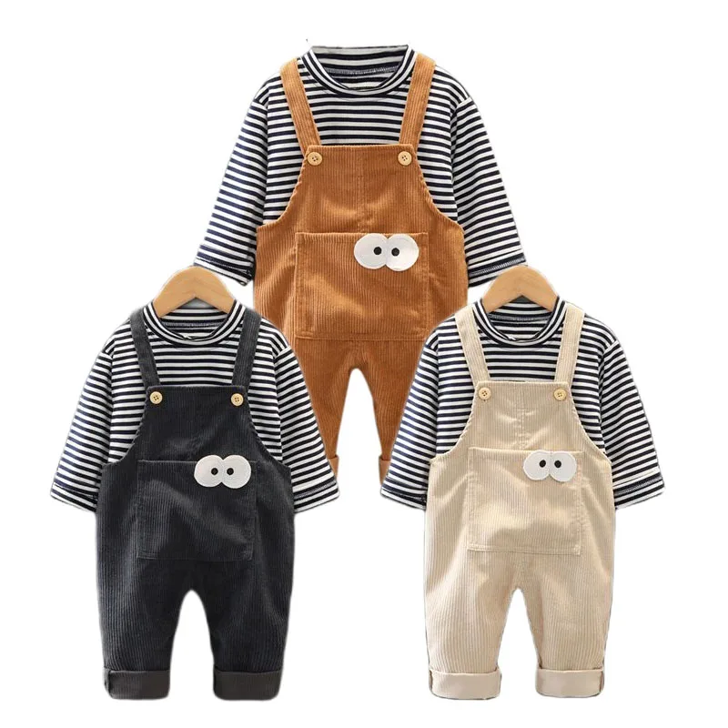 

Spring and Autumn Suit 2021 New Boys and Girls Korean Cartoon Striped Hooded Long Sleeve Children's Sling Pants Two-piece Set
