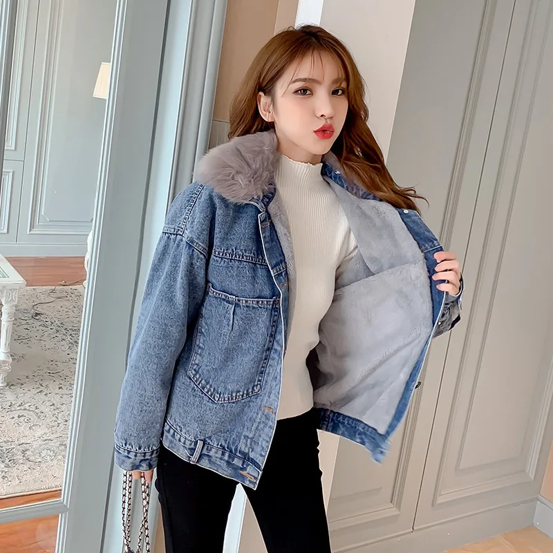 Женская джинсовая куртка DAYIFUN зимняя кашемировая из овечьей шерсти в Корейском