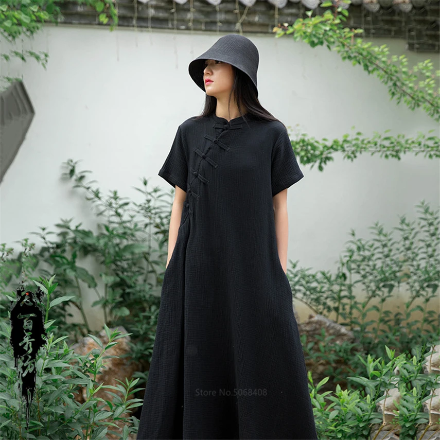

Китайское модное Ципао для женщин, винтажное длинное платье из хлопка и льна, традиционная одежда в китайском стиле