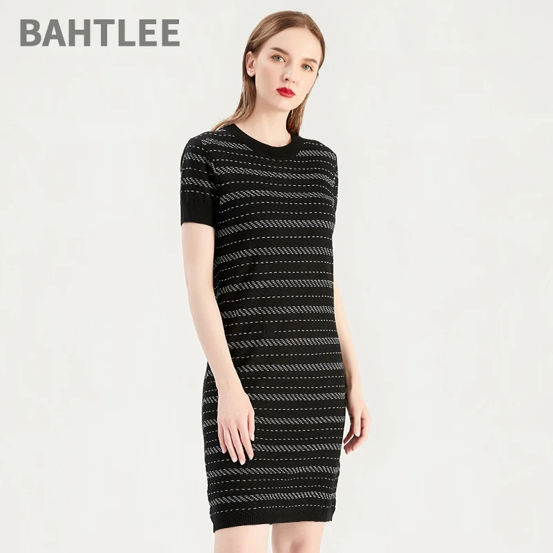 

BAHTLEE Summer Women Tencel Straight Dress One-Piece Dress Knitted Jumper Short Sleeves O-Neck