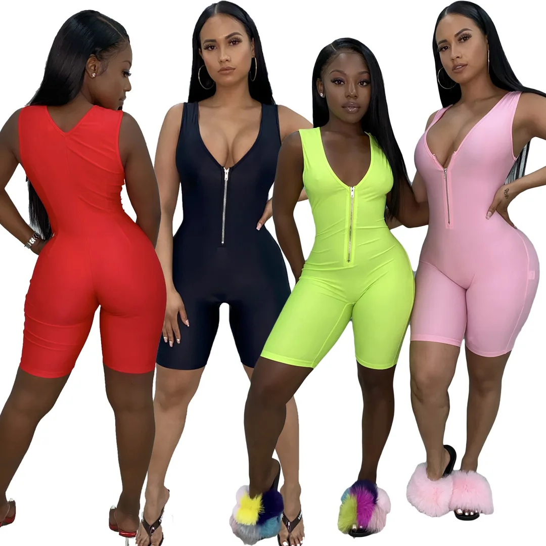 women playsuit solid Fluorescence skinny bodysuit 2020 spring summer sleeveless sexy v-neck zipper fly short outfit romper |