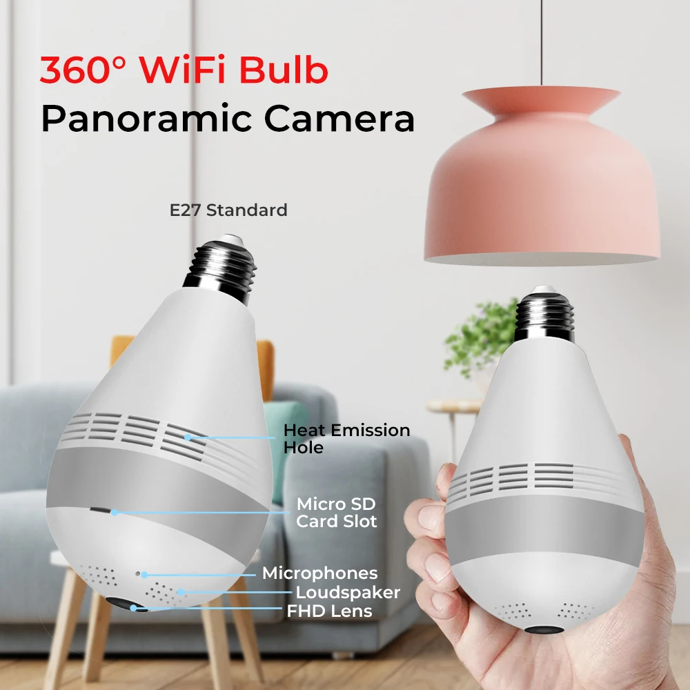 2 5MP Wireless IP Camera WiFi 360 Panorama Bulb Night Vision Home Security Video Surveillance Two-Way Audio Fisheye CCTV | Безопасность