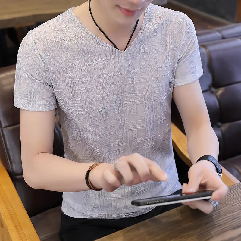 

2021 summer V-neck men's short sleeve hollow double layer T-shirt
