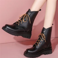 goth creepers women lace up genuine leather high heel ankle boots female high top round toe platform oxfords shoes casual shoes