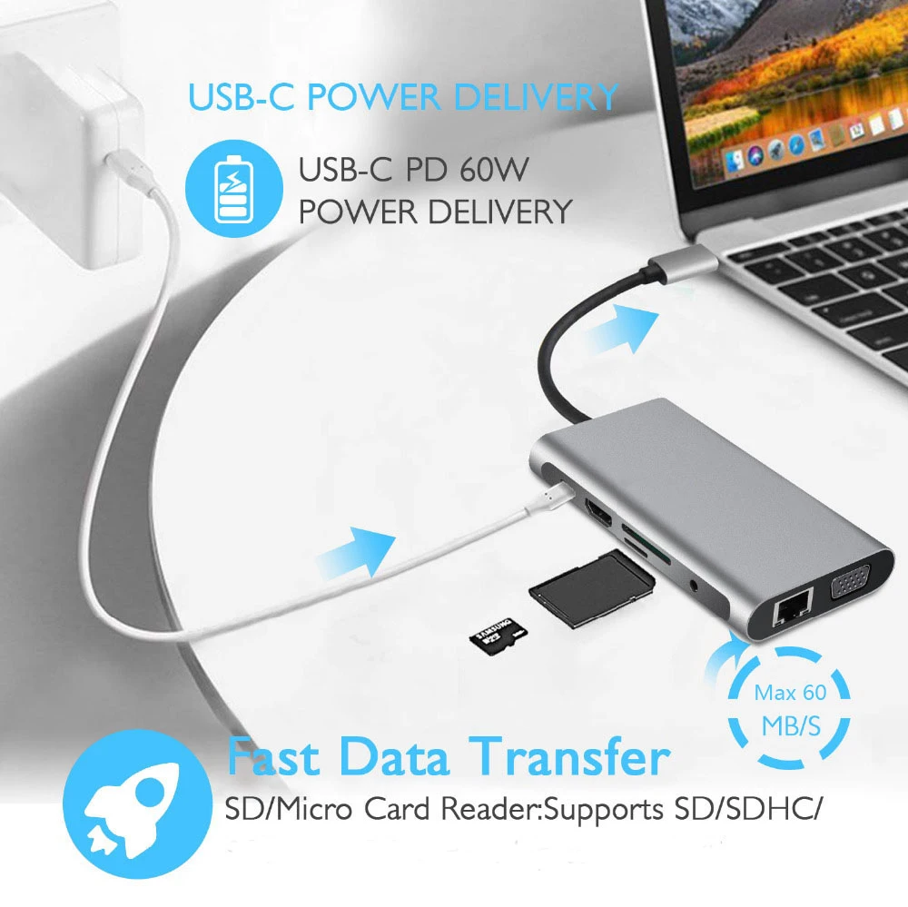 11 в 1 USB C концентратор адаптер Тип 4K HDMI VGA RJ45 Lan Ethernet SD/TF 3 5 мм AUX порт док-станция