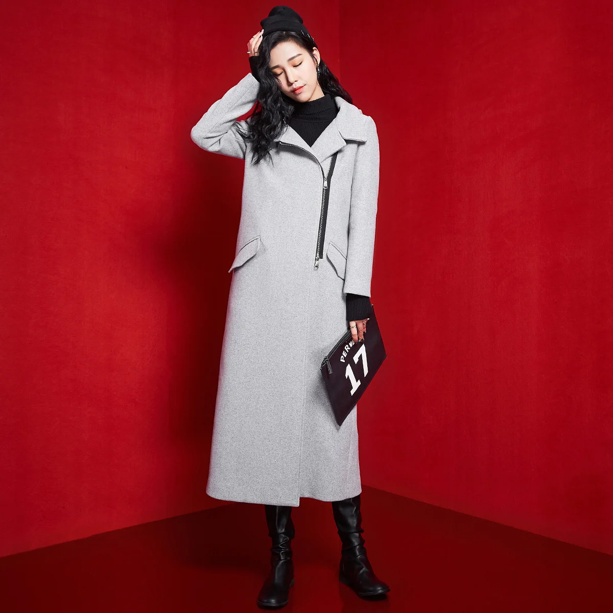 Женское длинное шерстяное пальто свободное теплое на молнии с капюшоном верхняя