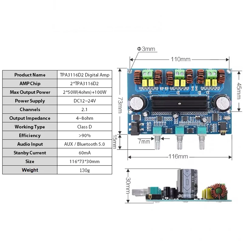 2*50 Вт + 100 Bluetooth 5 0 двойной усилитель мощности TPA3116D2 сабвуфер плата 2 1 канала TPA3116