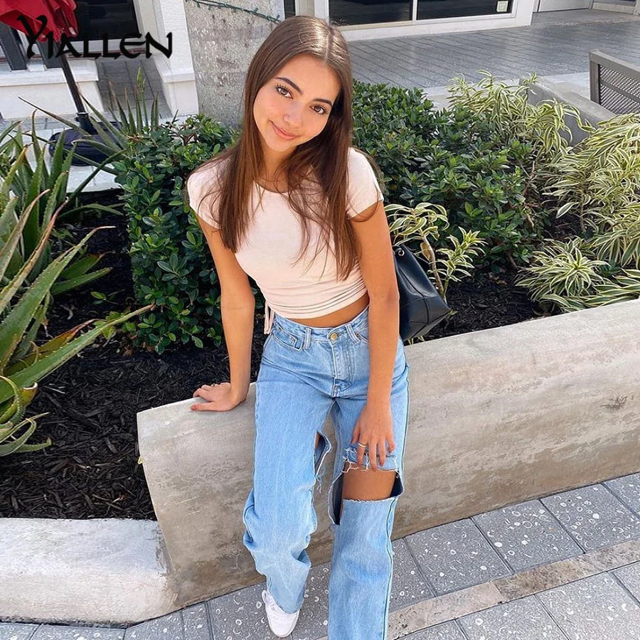 

Yiallen Fashion Casual High Street Loose Hole Solid Cotton Blue Jeans Women Spring Summer New Wild Basic Soft Female Trousers