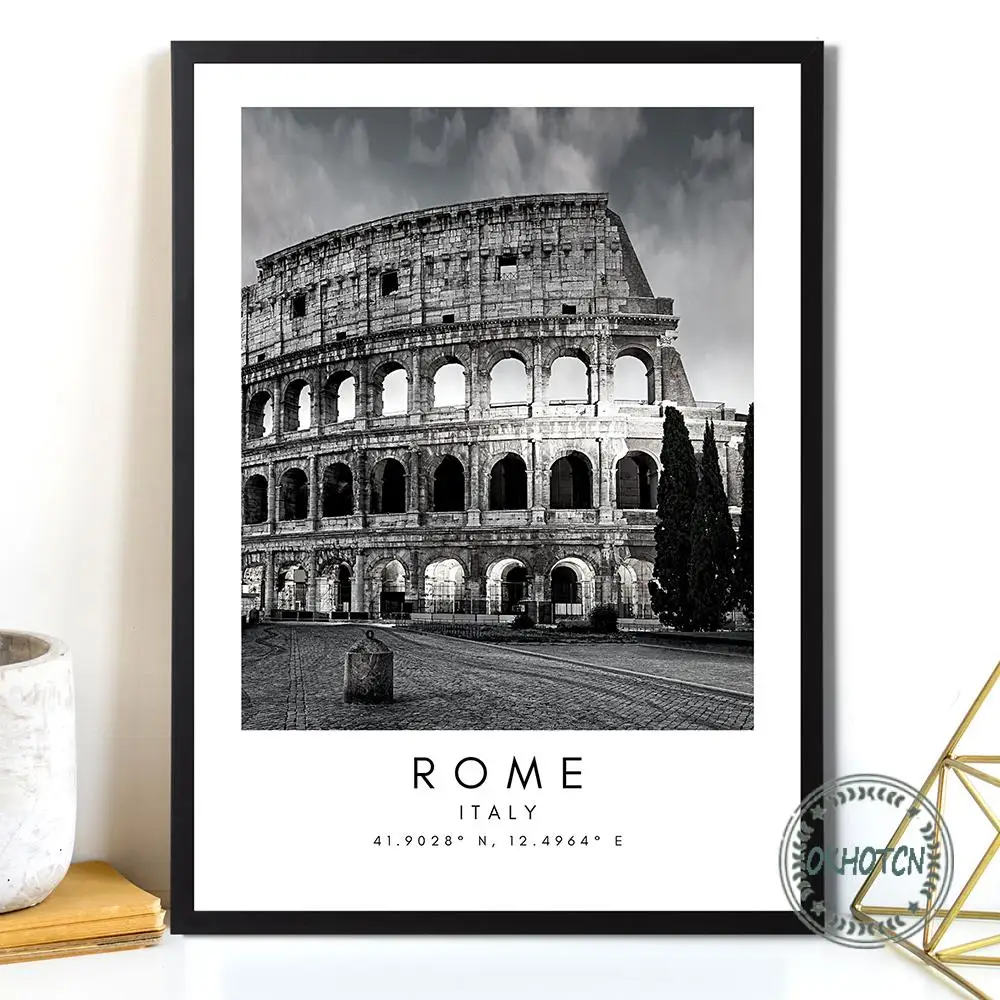 Черно-белый пейзаж мира город холст живопись Париж Рим Сидней Нью-Йорк Постер