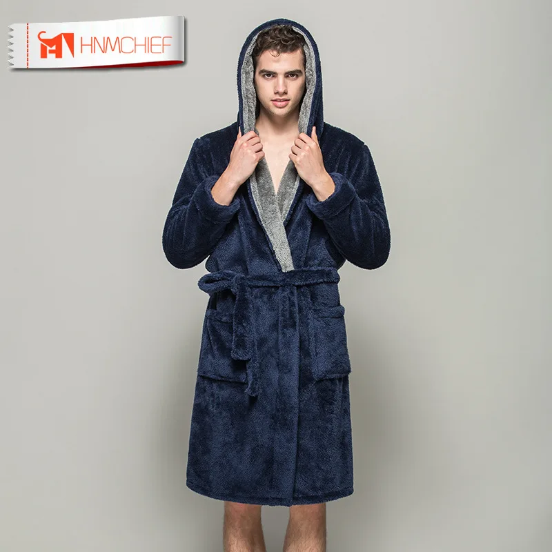 Мужской зимний бархатный халат с капюшоном HNMCHIEF кораллового цвета мужские