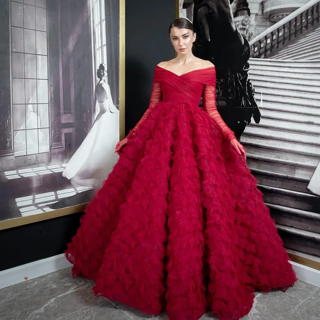 

Красное Элегантное Изысканное женское платье А-силуэта длиной до пола с открытыми плечами Тюлевое вечернее платье с оборками платье для фо...