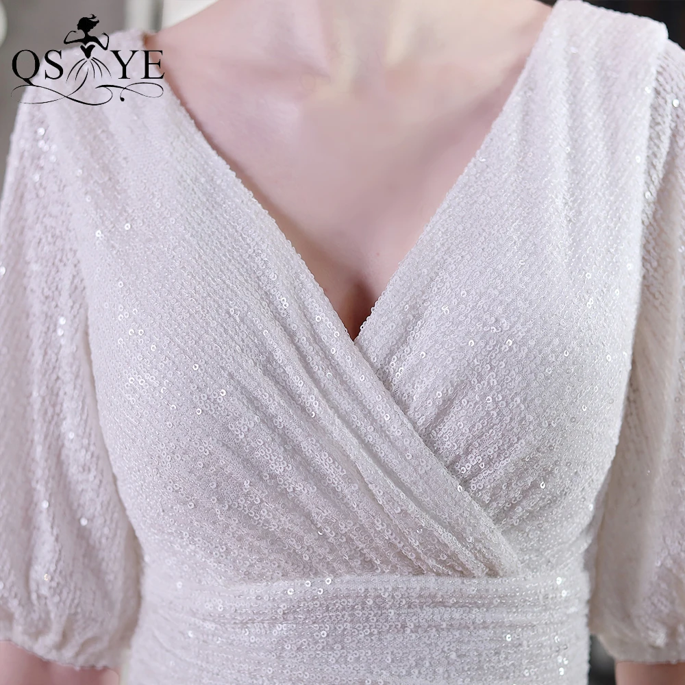 

Gold Short Sequin Prom Dress Long Sleeves Mini Evening Gown V Neck Party Formal Gown Ruched Stretch Women New Short Dress Vestid