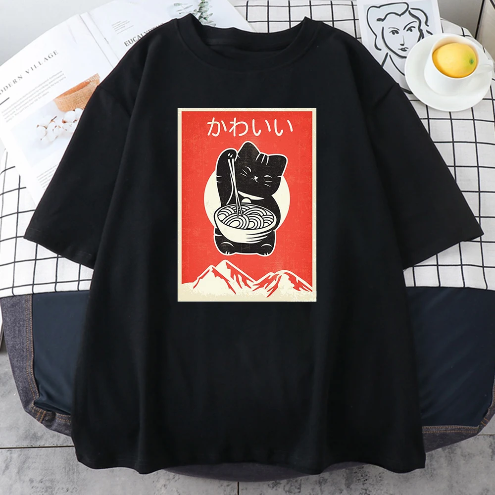 

Kawaii Cat Anime Gift Retro Women's T-Shirt Hip Hop Casual Tshirts