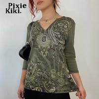 pixiekiki fairy grunge vintage tshirts green v neck long sleeve top y2k indie aesthetic clothes casual graphic tees p67 bg16
