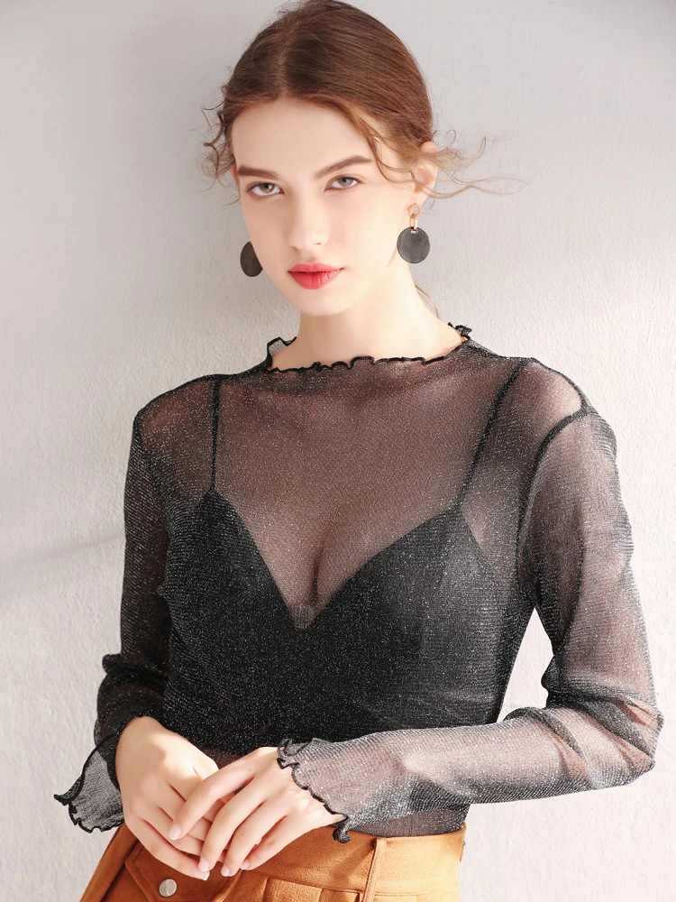 

Lace Transparent Bottoming Blouse Women's Long Sleeve Tulle Top Women's Mesh With Chiffon Sexy Spring And Autumn Super Sexy