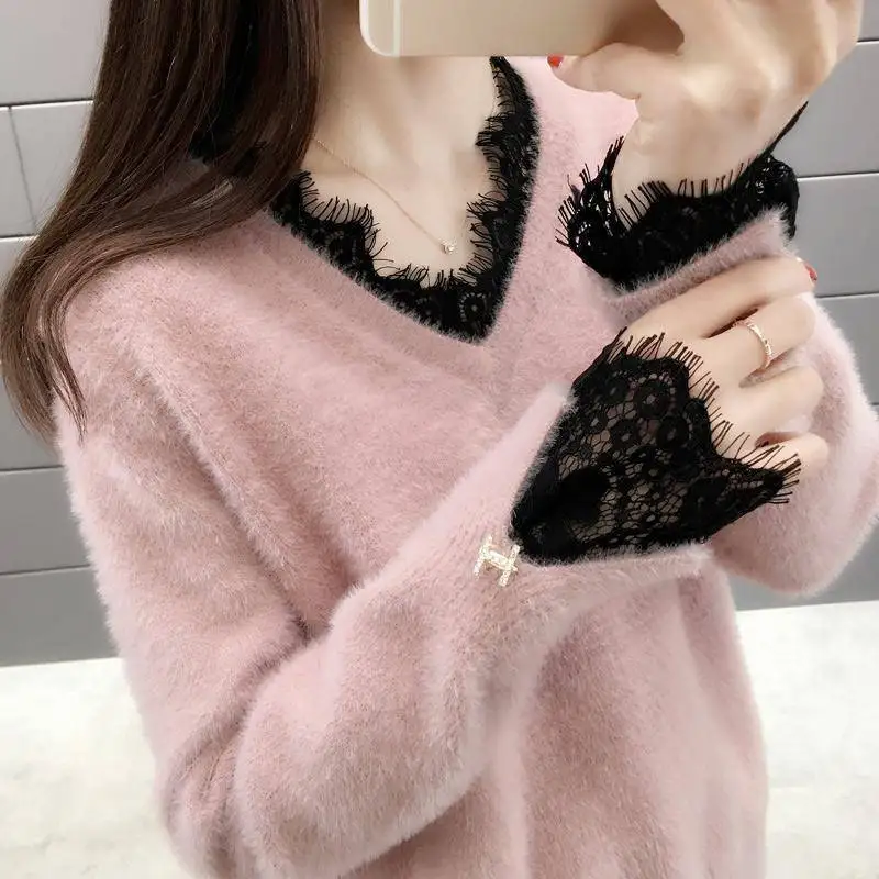 

Womens Sweater Fashion V-neck Lace Sweater New Spring Fall Imitation Mink Velvet Pullovers Loose Knitting Jumper Femme Tops Y638