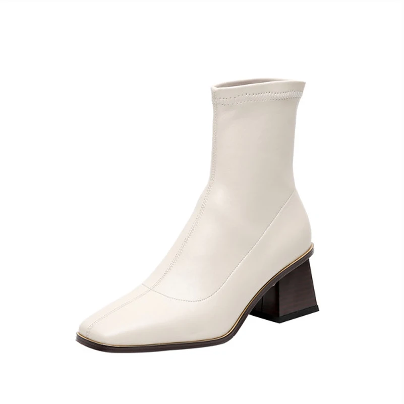 

ANNYMOLI High Heel Ankle Boots Woman Boots Square Toe Short Boots Block Heel Female Shoes Autumn Winter Beige Black Big Size 43