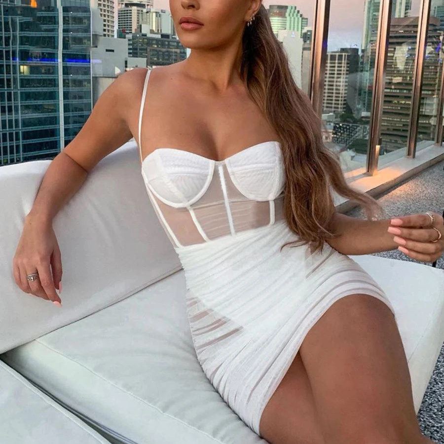 

Women See Through Mesh Sexy Dresses Sleeveless Strapless Bodycon Mini Vestido Fashion Elegant Sheath Club Party New Autumn