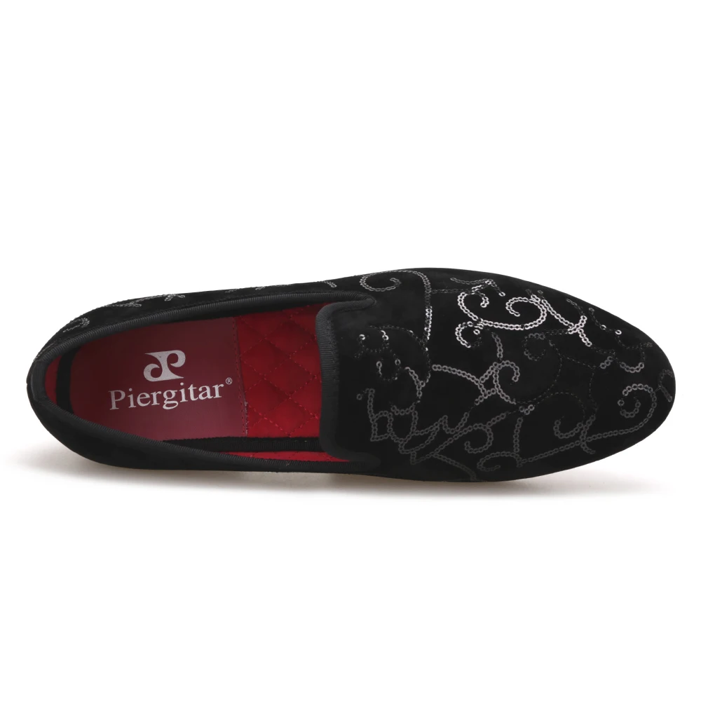 Piergitar Luxurious Sequin Black colors Men Velvet Shoes Wedding and Party men's loafers handmade men smoking slippers plus size | Обувь