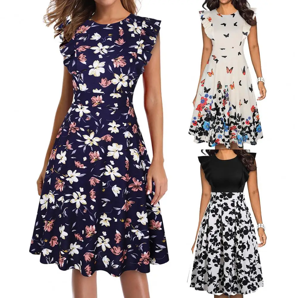 Женское платье-туника с цветочным принтом Расклешенным рукавом и круглым