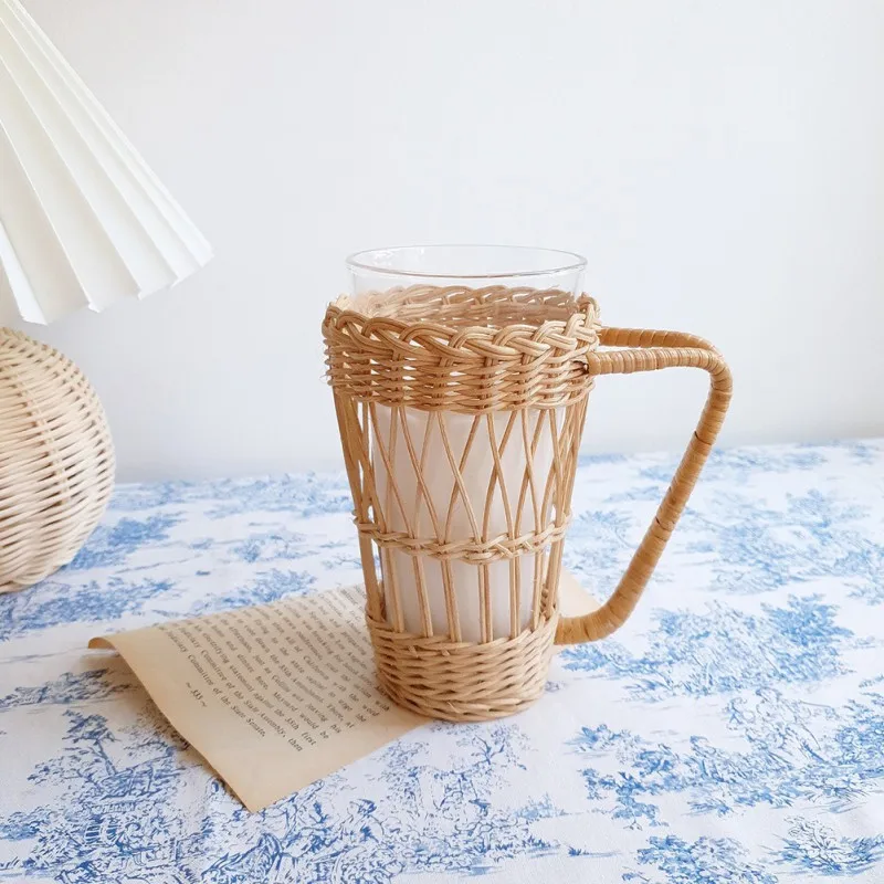 

Rattan Woven Water Cup Cover Glass Anti-scald Cover Cup Holder With Handle Protection Cover Insulation Cup Set