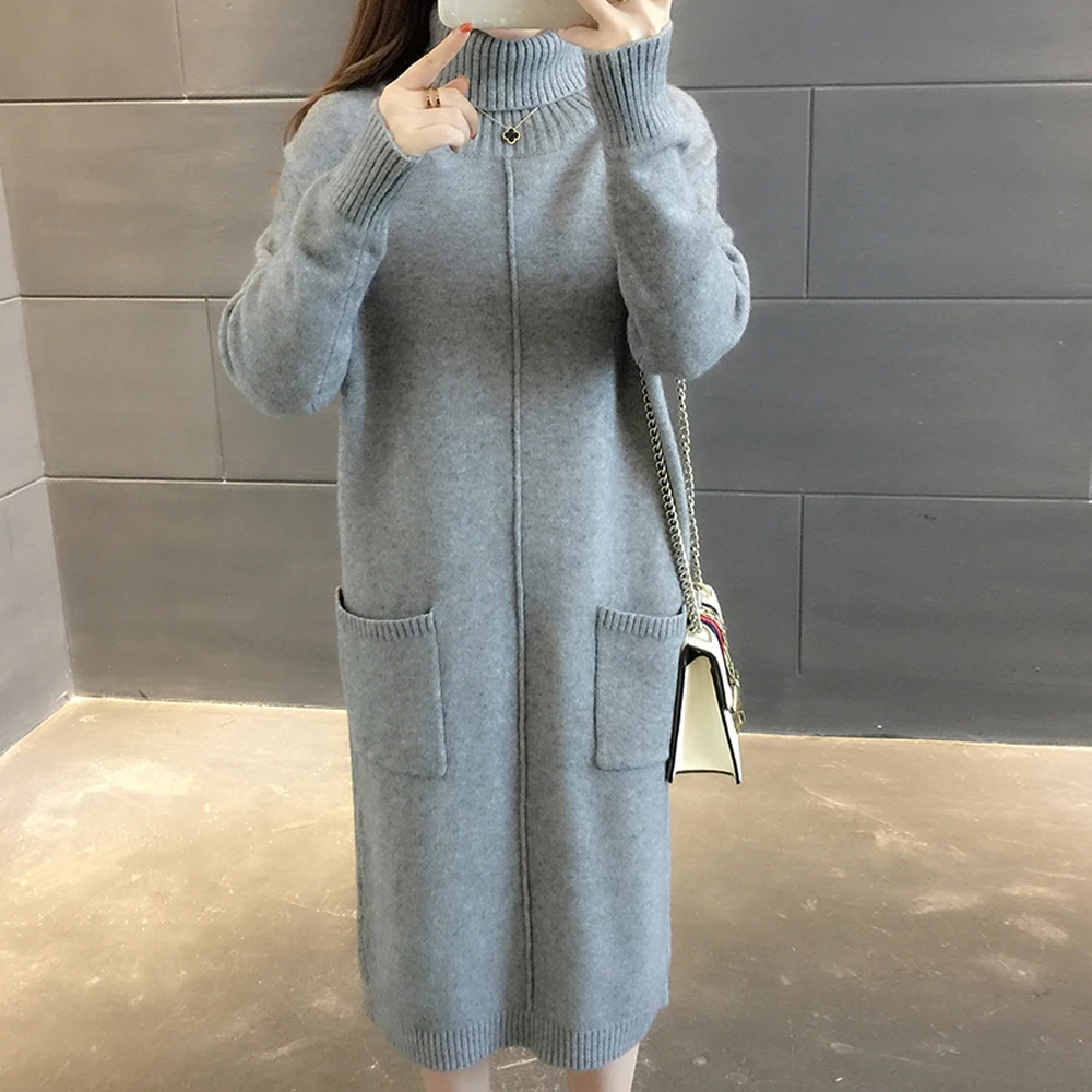 

Korean Turtleneck Dress Women Autumn Winter Warm Casual Dress Ladies Pocket Solid Looes Knitted Pullover Dresses