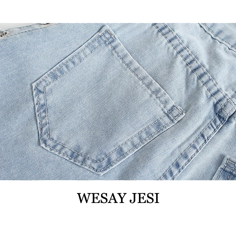 

WESAY JESI Fashion Summer Pants Casual Jeans Woman Chic Long Wide Leg Lady Trousers Denim Pantalones Metal Decoration Streetwear