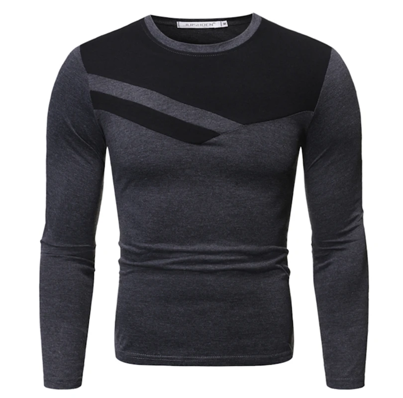 Осенняя и зимняя новая мужская футболка с круглым вырезом контрастного цвета в
