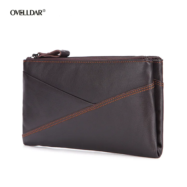 Men's Wallet Long Genuine Leather Clutch Bag Oil Wax Cowhide Manufacturer Source Men's Double Zipper Bag