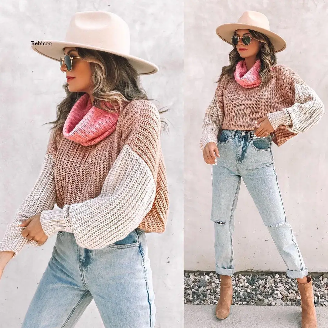 Женский вязаный свитер-водолазка в стиле пэчворк пуловер бохо Модный облегающий