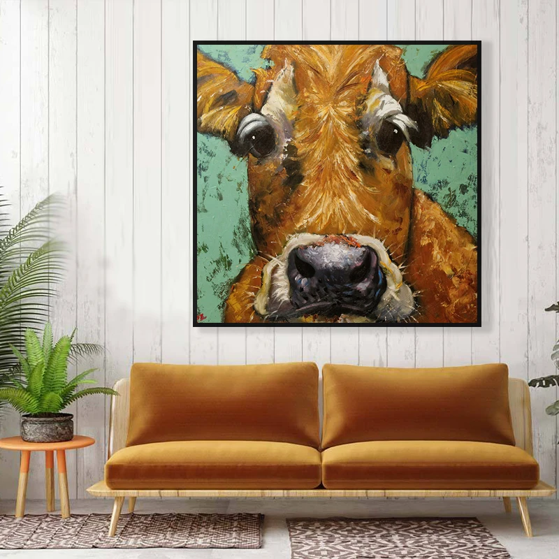 Картина на холсте желтая крупноглазная корова плакат печать Настенная картина