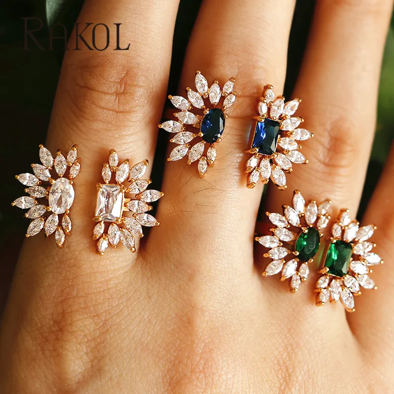 RAKOL Роскошные зеленые овальные Кристальные кольца с цветком для женщин забавные