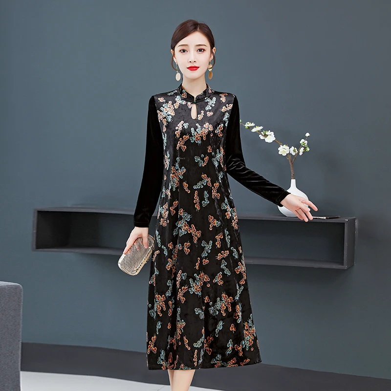 

Chinese Style Elegant Long Sleeve Floral Velvet Dresses Elegant Midi Casual Robes Club Party Dress Woman Party Night TA1121