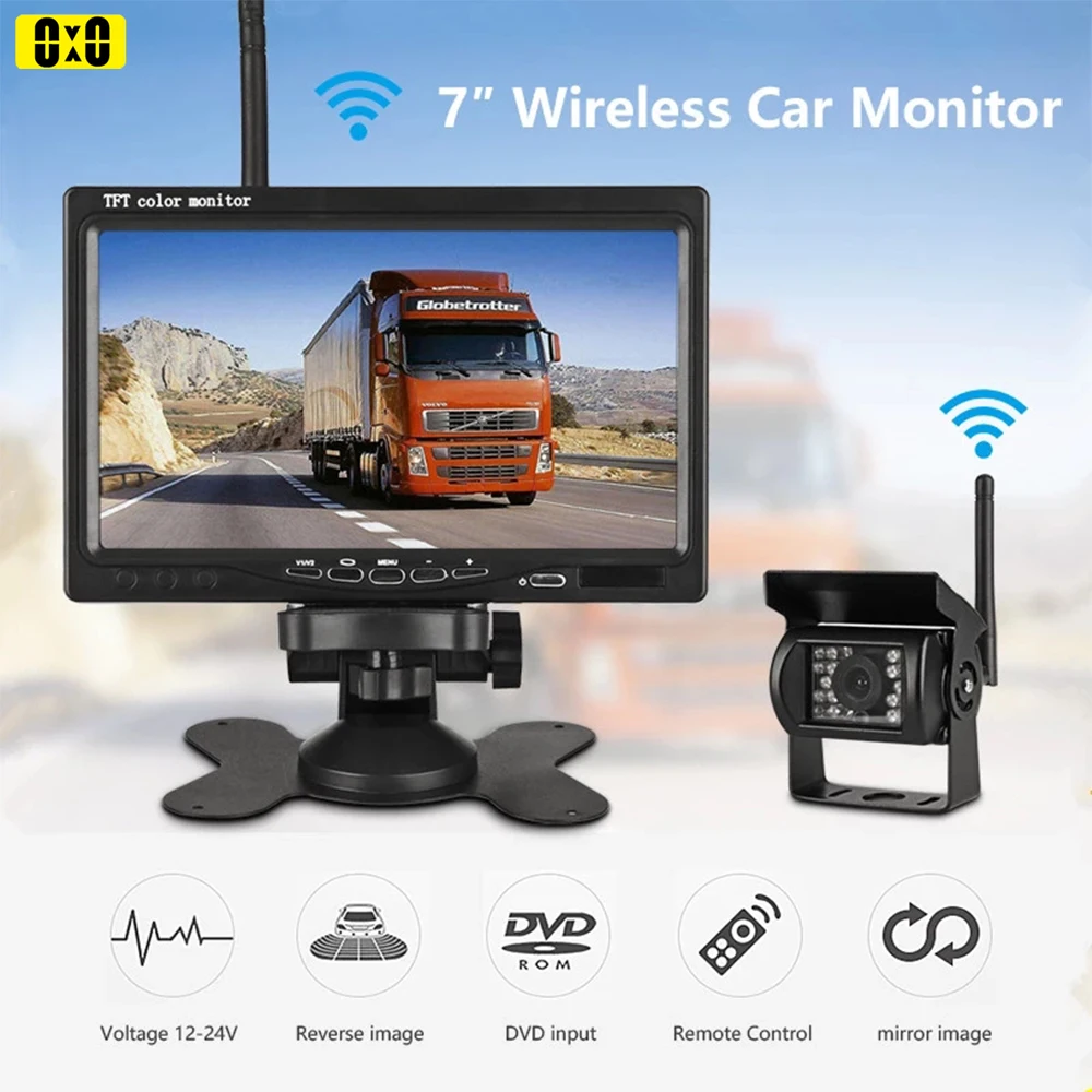 

7 Inch HD Car Monitor 12-24V Wireless Vehicle Backup Rear View Camera Monitor Car Charger For Trucks Bus RV Trailer Excavator