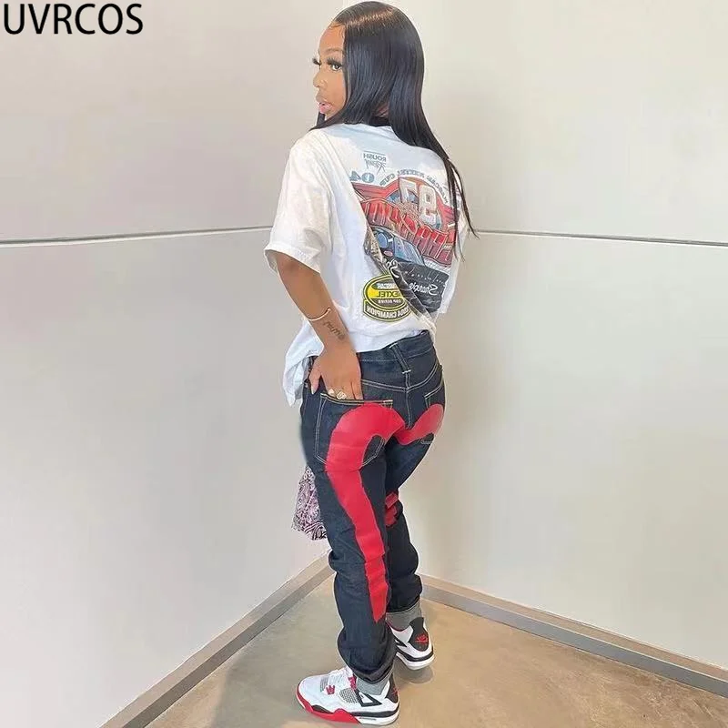 UVRCOS Горячая уличная одежда Cyber Y2K Pantalones контрастные цвета пэчворк Печатные