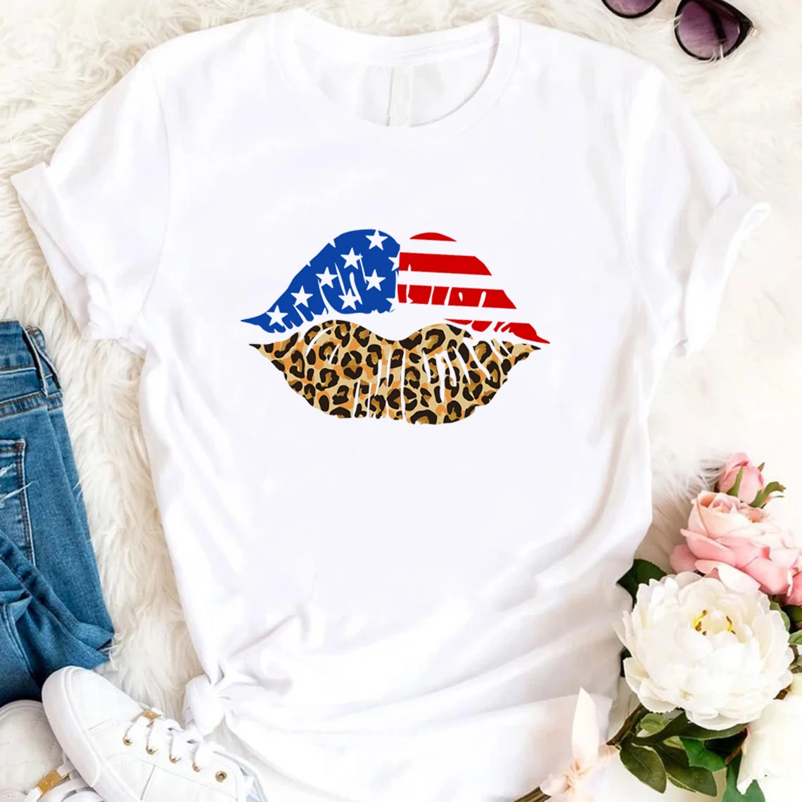 

Патриотическая женская футболка с американским флагом и губами, рубашки для поцелуев, футболка 4 июля, футболка унисекс, топ на День Независимости