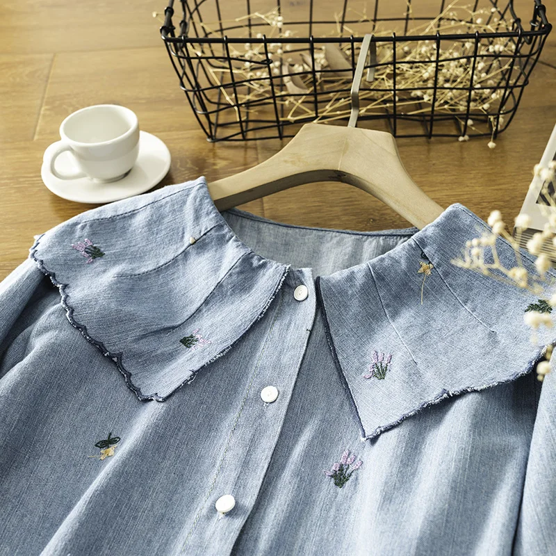 

Рубашка женская с цветочной вышивкой, повседневная Милая хлопковая блузка с длинным рукавом, с принтом листьев лотоса, K009, весна-осень