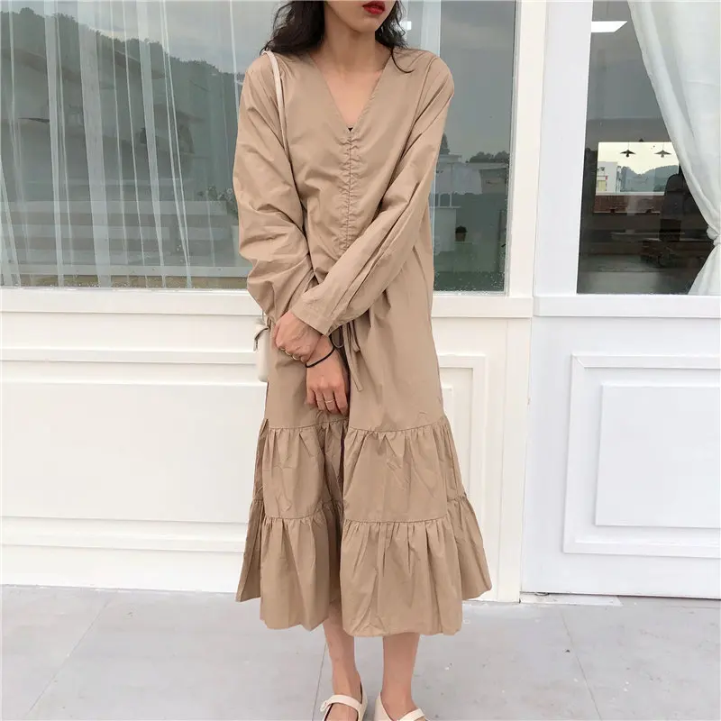 

HziriP Preppy Style Girls Elegant Chic Drawstring Autumn Ruffles Sweet Casual Bow Women Stylish Loose All-Match Long Dresses