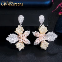 cwwzircons chic dangle drop butterfly flower 3 tone rose gold plated cubic zirconia women earrings elegant costume jewelry cz716