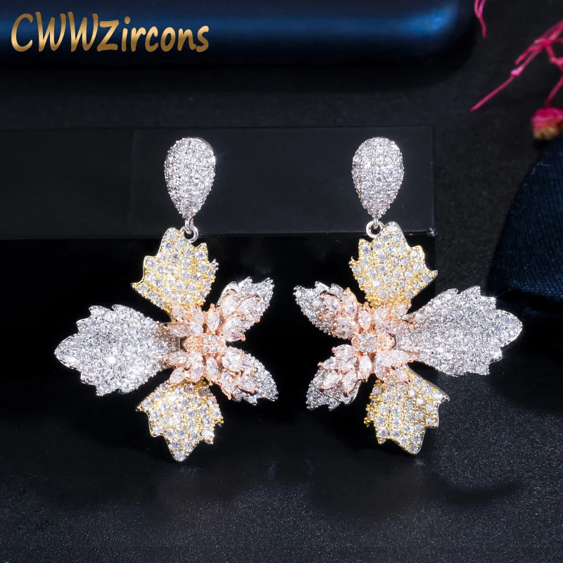 Женские серьги CWWZircons элегантные с цветком бабочкой 3 тона розовое золото фианит