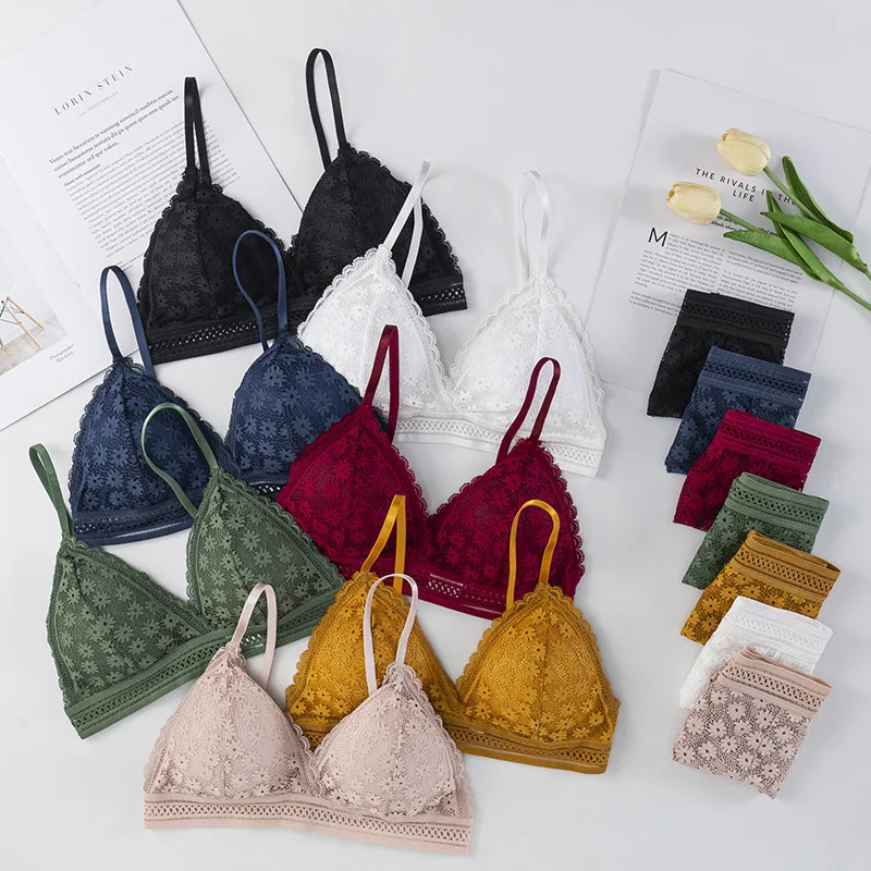 

Sexy Lace Women Bras&panties Set Floral Print Beauty Back Bralette with Pad Vest Ruffles Breathable Hollow Briefs Intimate