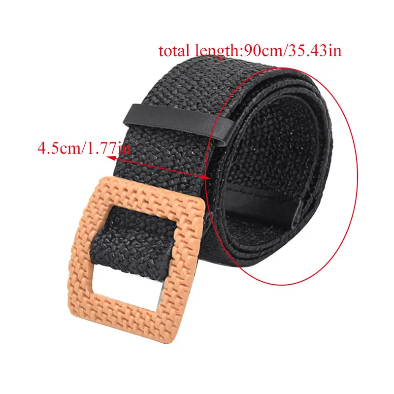 

Summer Women Braided Elastic Belt Round Square Wooden Buckle Vintage Straw Buckle Belt Women Knitted Belt Dress Belt