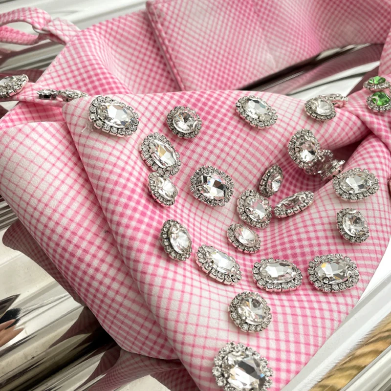 

GALCAUR Pink Patchwork Diamonds Bowknot Vest For Women Square Collar Sleeveless Sexy Tank Tops Female Summer Fashion 2021 Style