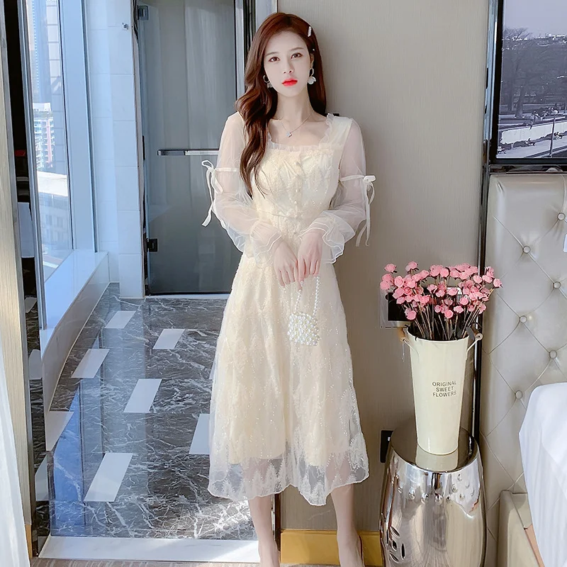 

New First Love Style Fairy Dress Gentle French Style Temperament Sequined Dress A- line Dress Annual Party Dress